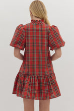Load image into Gallery viewer, Red Plaid Bubble Sleeve Dress