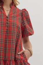 Load image into Gallery viewer, Red Plaid Bubble Sleeve Dress