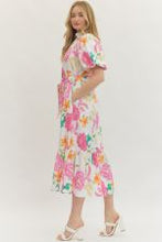 Load image into Gallery viewer, Pink Floral Puff Sleeve Tie Waist Midi Dress