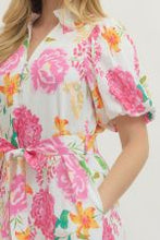 Load image into Gallery viewer, Pink Floral Puff Sleeve Tie Waist Midi Dress