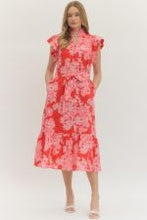 Load image into Gallery viewer, Red Floral Print Flutter Sleeve Midi Dress