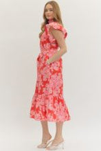 Load image into Gallery viewer, Red Floral Print Flutter Sleeve Midi Dress
