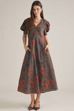Load image into Gallery viewer, Floral Print Puff Sleeve V Neck Midi Dress