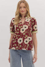 Load image into Gallery viewer, Wine Poppy Print V Neck Top