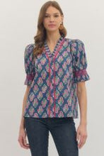 Load image into Gallery viewer, Navy Blue Botanical Puff Sleeve Top