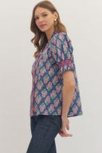 Load image into Gallery viewer, Navy Blue Botanical Puff Sleeve Top