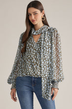 Load image into Gallery viewer, Blue Leopard Print Balloon Sleeve Self Tie Neck Top