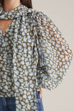 Load image into Gallery viewer, Blue Leopard Print Balloon Sleeve Self Tie Neck Top