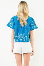 Load image into Gallery viewer, Blue Short Sleeve Embroidery Detail Top