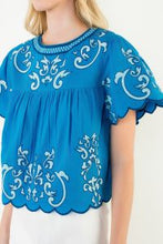Load image into Gallery viewer, Blue Short Sleeve Embroidery Detail Top