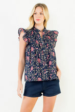 Load image into Gallery viewer, Navy Floral Futter Sleeve V Neck Top