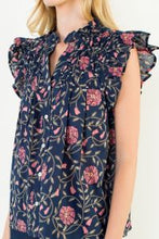 Load image into Gallery viewer, Navy Floral Futter Sleeve V Neck Top