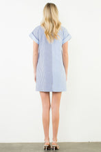 Load image into Gallery viewer, Blue Short Sleeve Split Striped V neck Dress