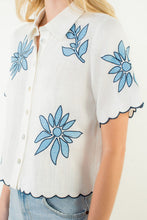 Load image into Gallery viewer, Blue and White Short Sleeve Floral Embroidery Top