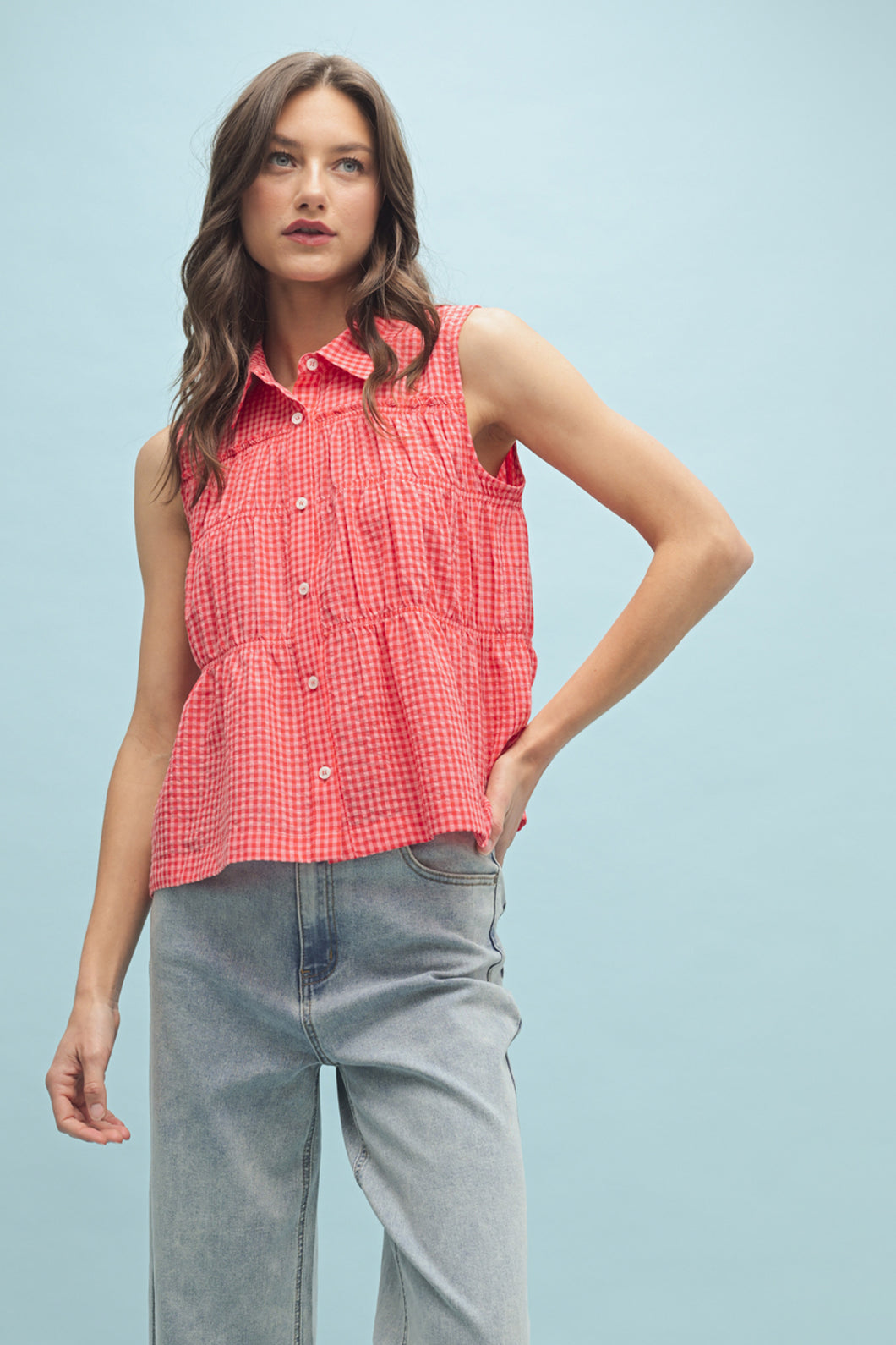 Gingham Button-Up Tiered Sleeveless Shirt