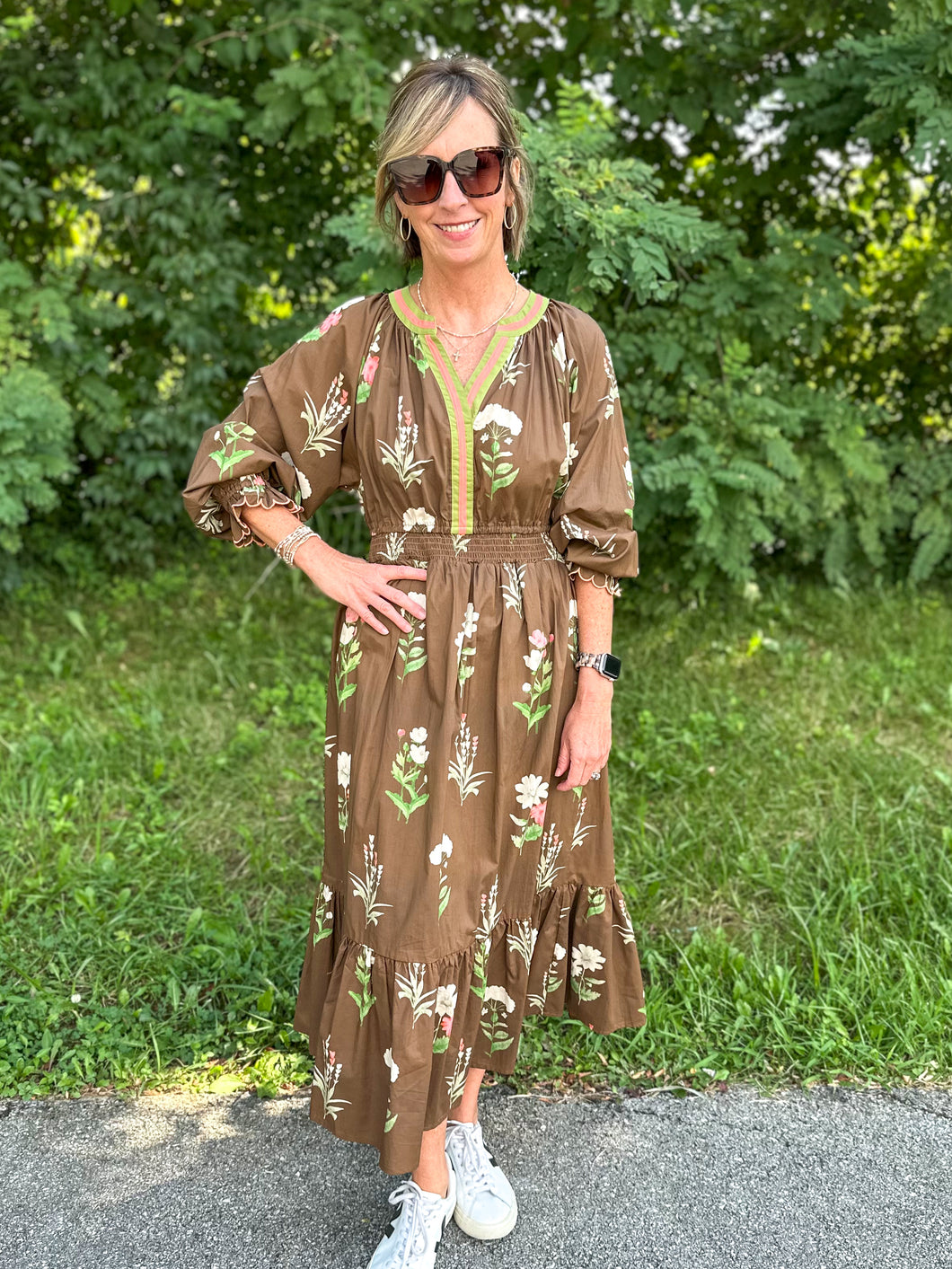 Brown Botanical Long Sleeve Dress