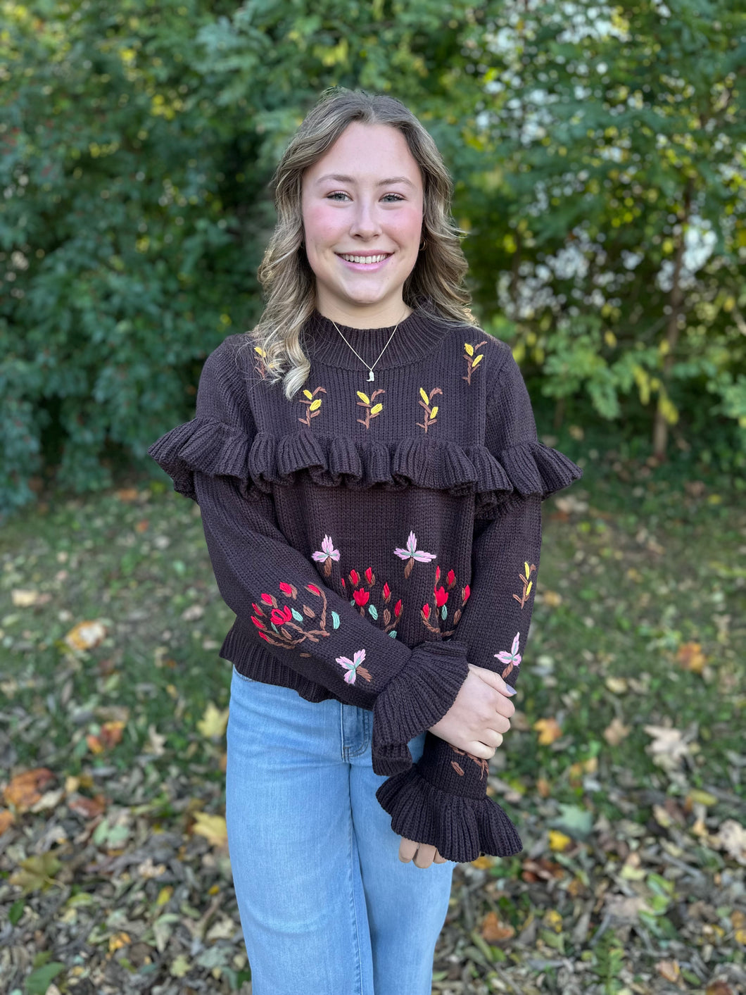Chocolate Floral Stitch Cropped Sweater