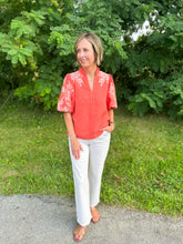 Load image into Gallery viewer, Coral Puff Sleeve Embroidered Top
