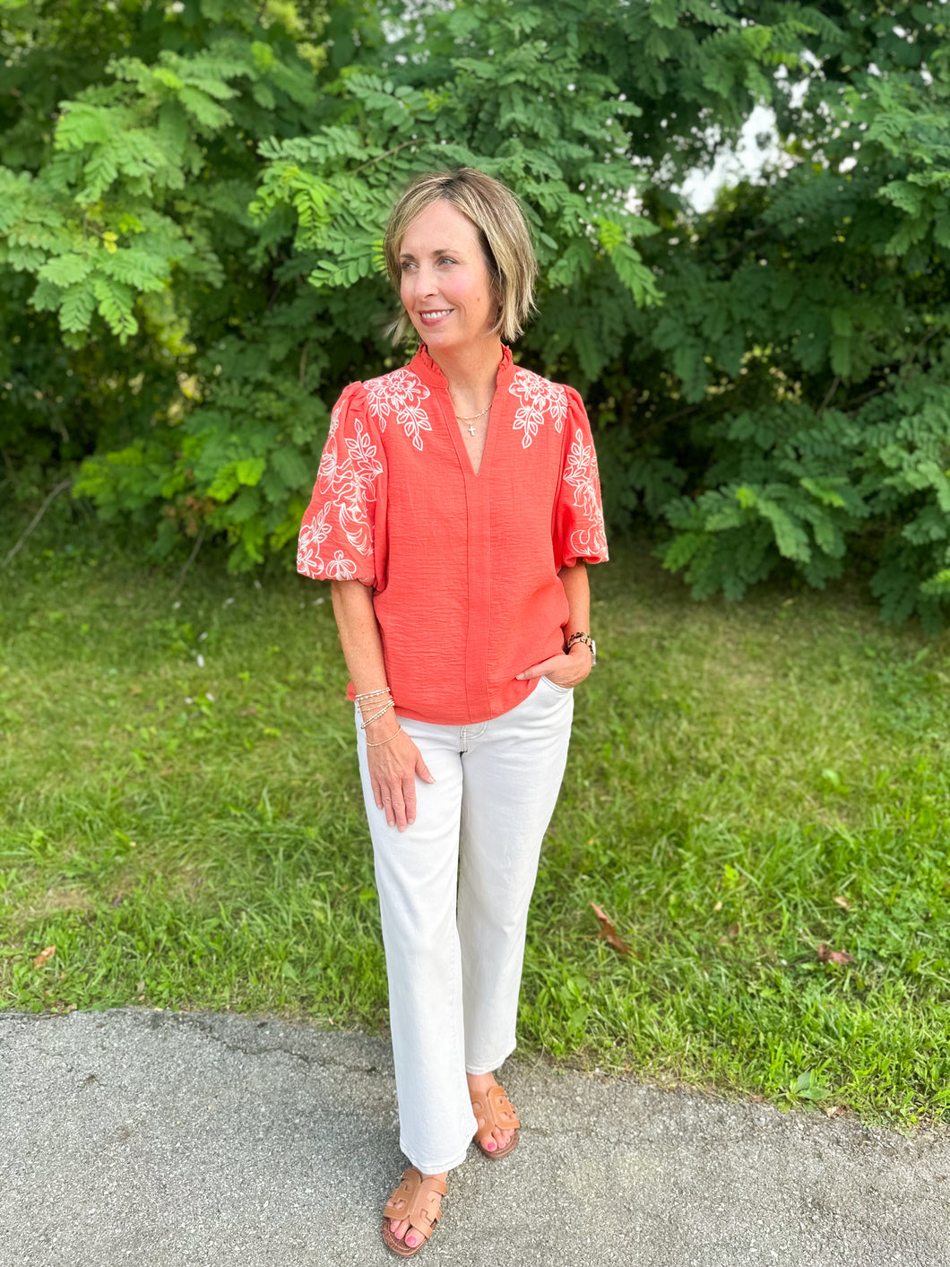 Coral Puff Sleeve Embroidered Top