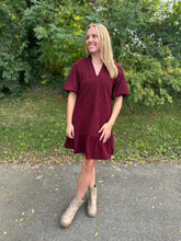 Load image into Gallery viewer, Burgundy Puff Sleeve Corduroy Dress
