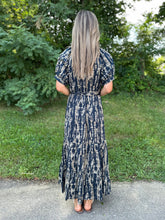 Load image into Gallery viewer, Navy Print Tiered Maxi Dress
