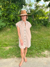Load image into Gallery viewer, Brown and Cream Striped Button Up Dress
