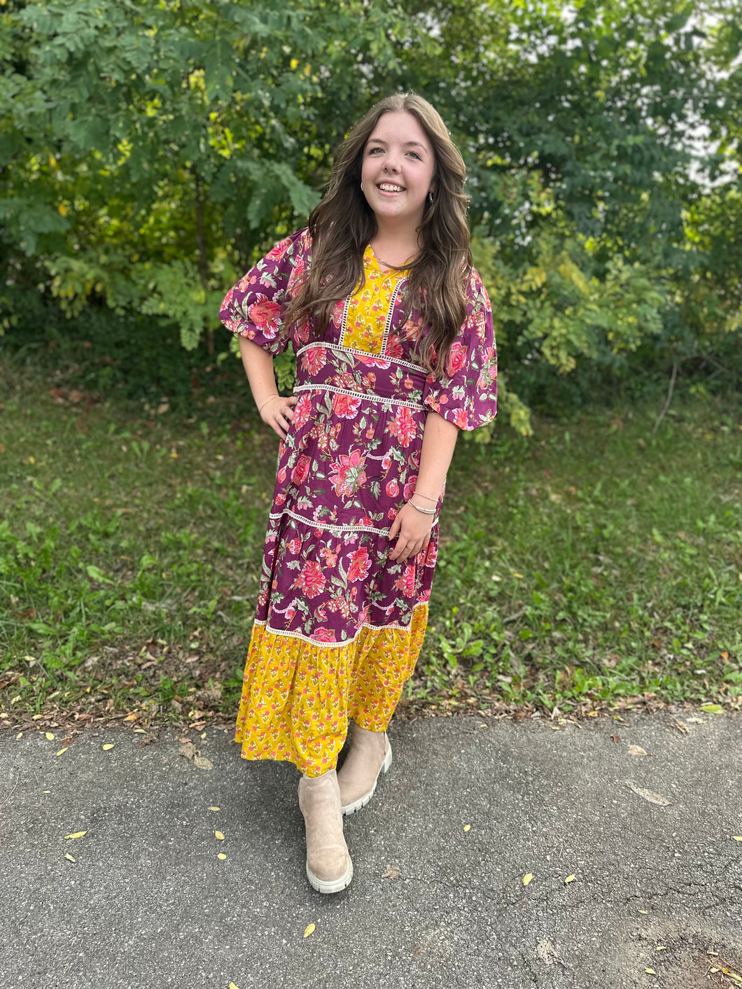 Plum Puff Sleeve Floral Tiered Dress