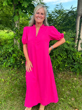 Load image into Gallery viewer, Hot Pink Puff Sleeve Midi Dress
