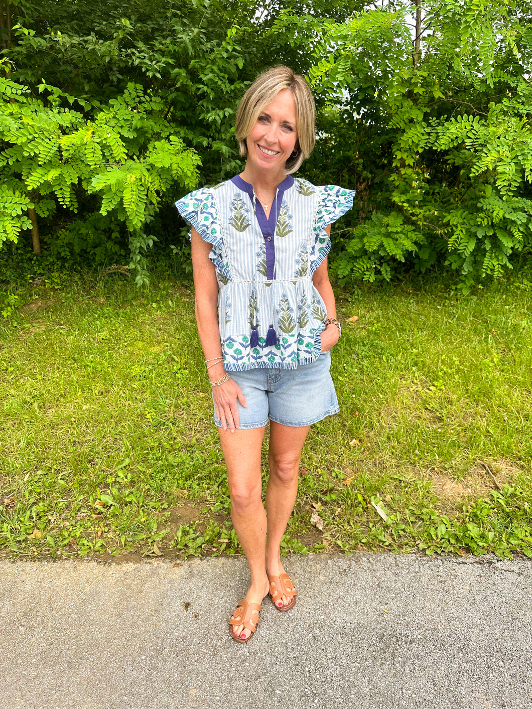 Flutter Sleeve Floral Tassel Tie Top