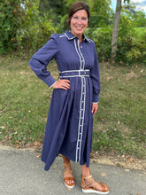 Load image into Gallery viewer, Belted Navy Midi Shirt Dress
