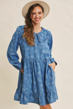 Load image into Gallery viewer, Floral Denim Mini Dress with Peter Pan Collar
