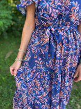 Load image into Gallery viewer, Navy Leaf Flower Print Midi Dress
