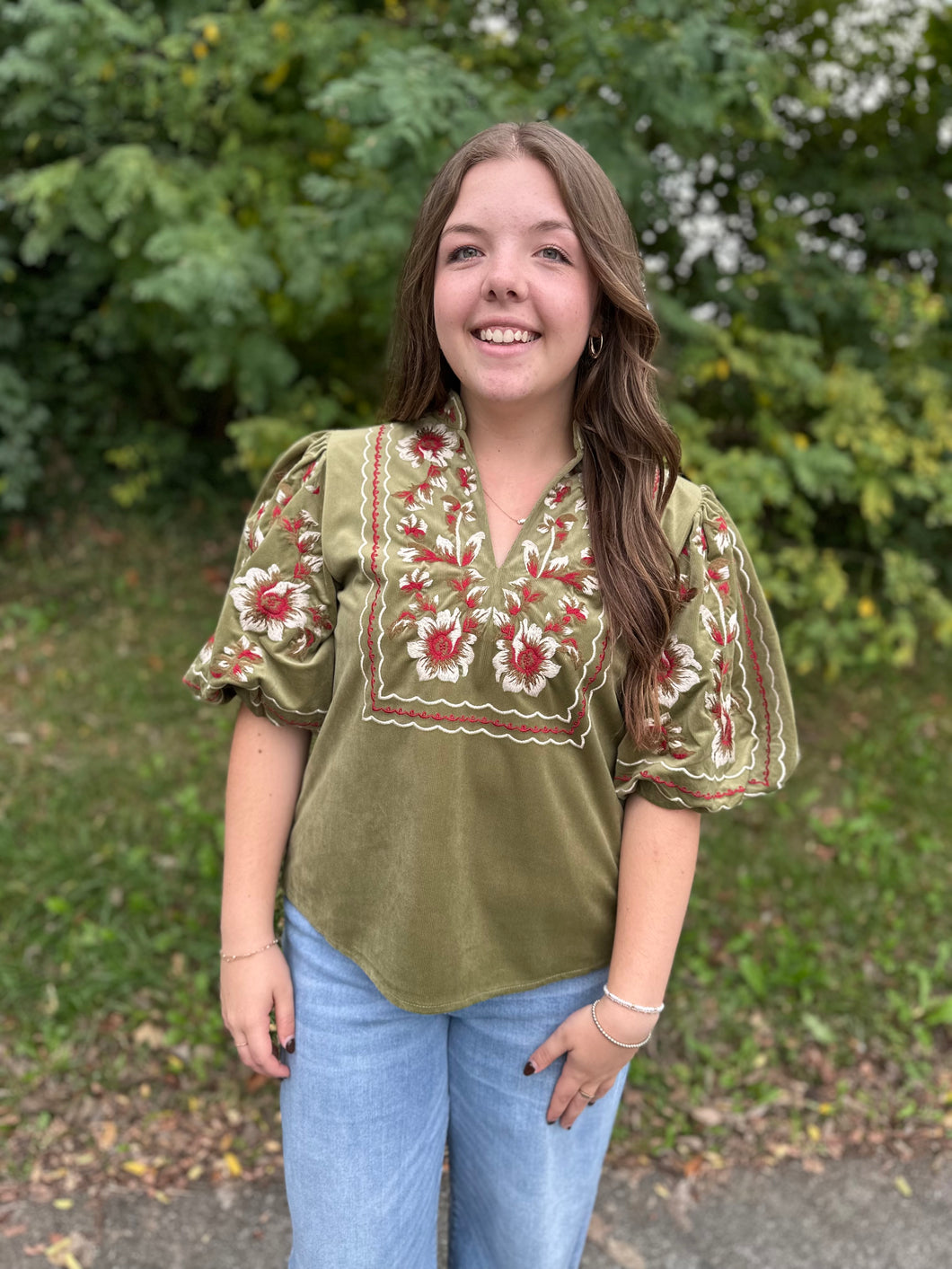 Olive Puff Sleeve Floral Embroidery Corduroy Top