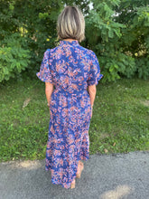 Load image into Gallery viewer, Navy Leaf Flower Print Midi Dress
