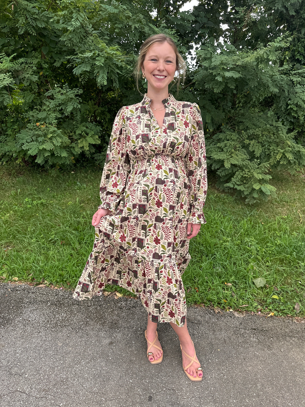 Ecru Floral Print Long Sleeve Dress