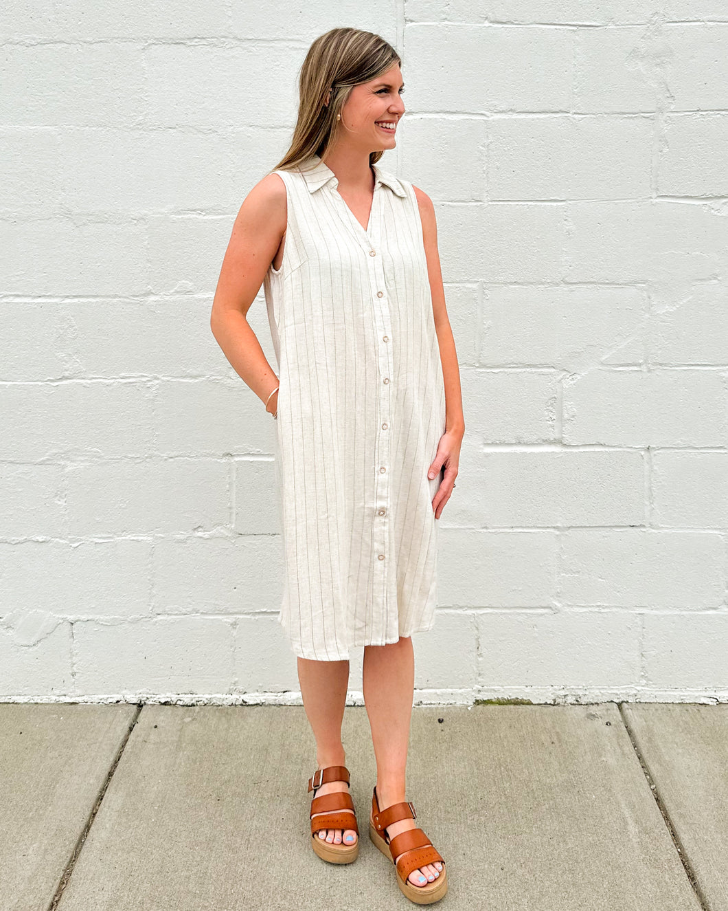 Sleeveless Linen Blend Pinstripe Shirt Dress