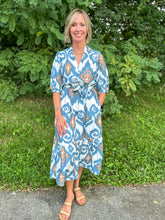 Load image into Gallery viewer, Blue Abstract Button Up Dress
