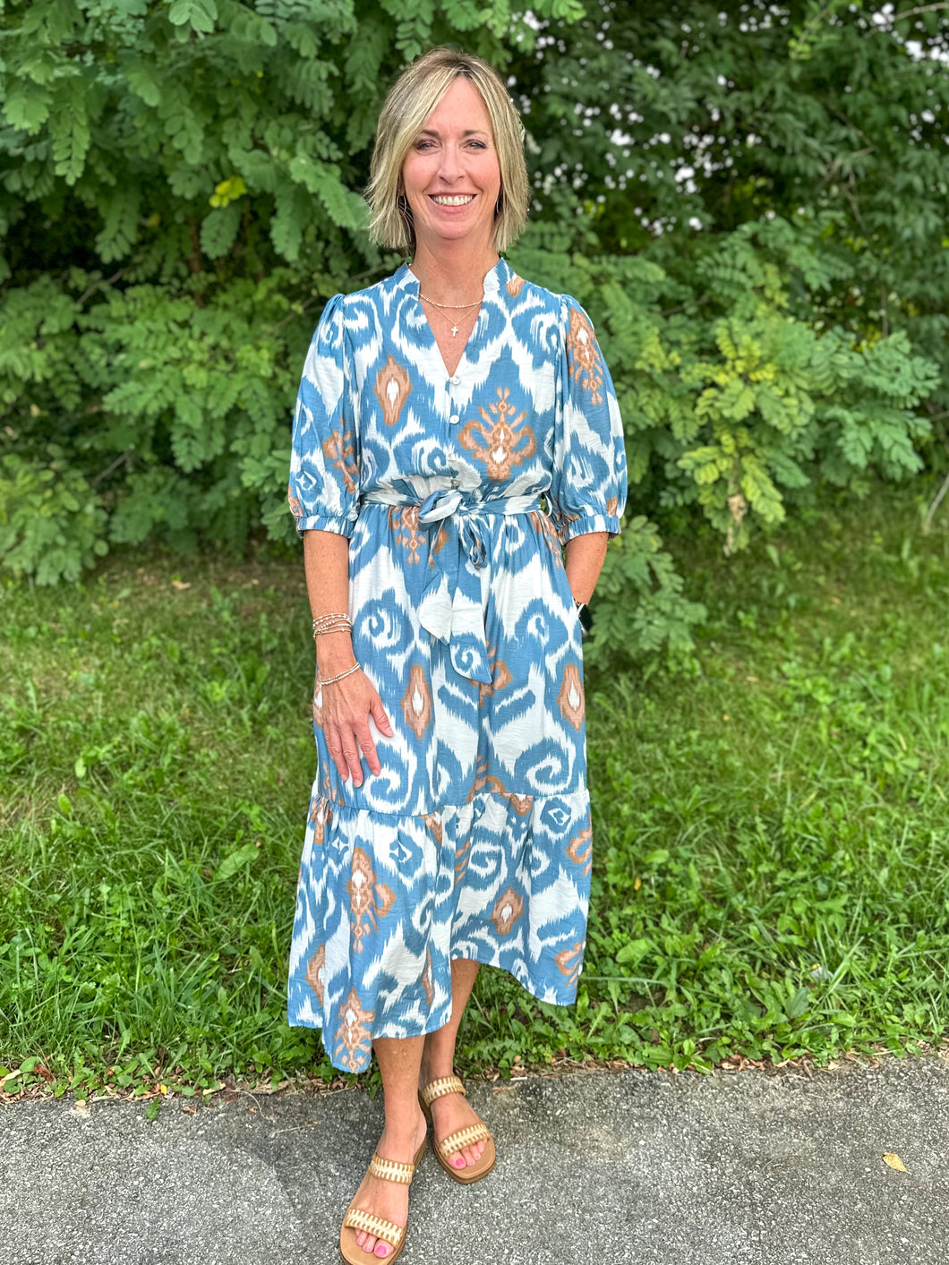 Blue Abstract Button Up Dress