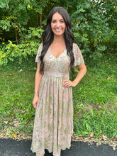 Load image into Gallery viewer, Gold Foil Flutter Sleeve Midi Dress
