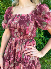 Load image into Gallery viewer, Burgundy Floral Polka Dot Tulle Puff Sleeve Dress
