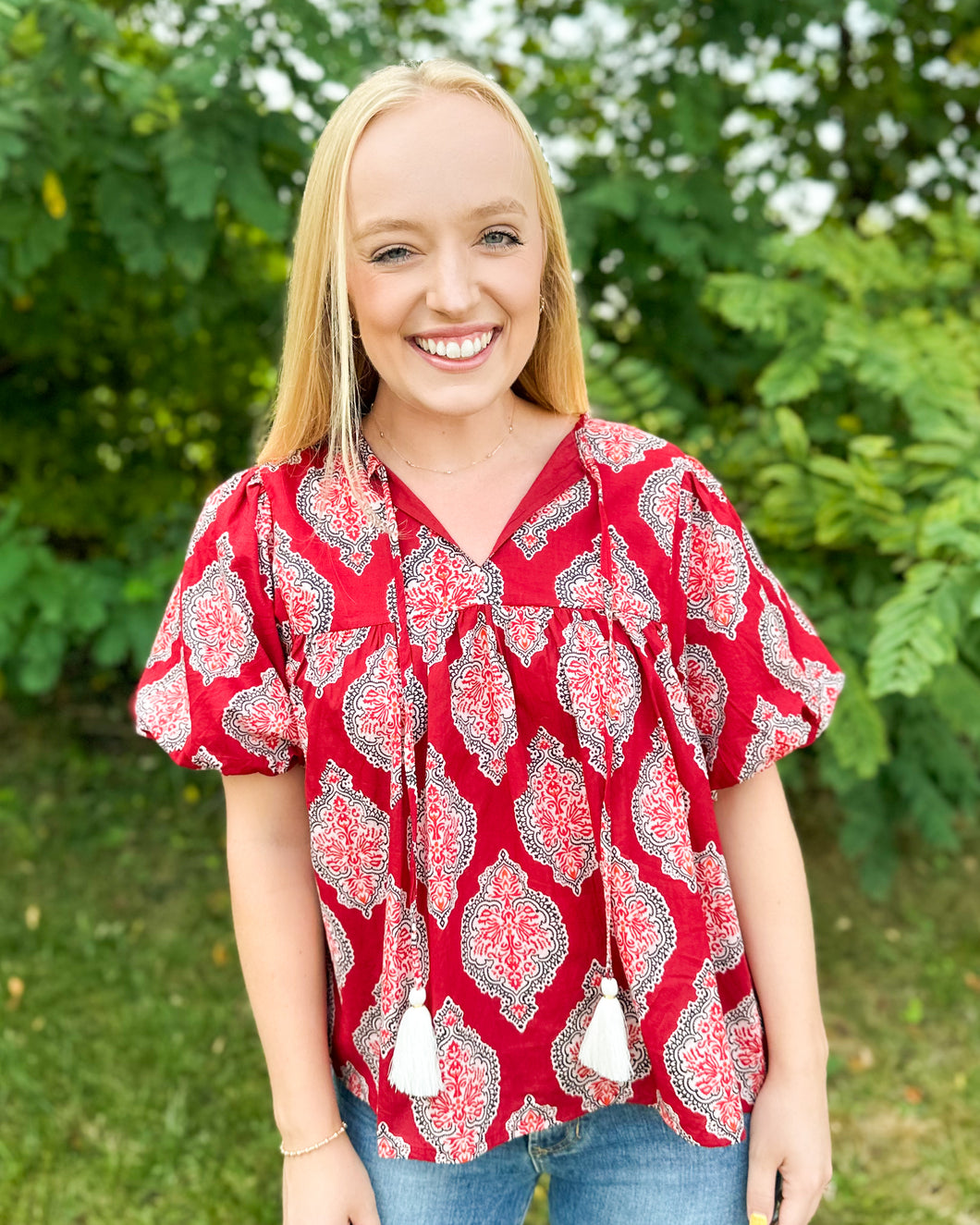 Burgundy Short Sleeve Tassel Tie Top