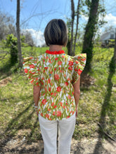 Load image into Gallery viewer, Chartreuse Floral Print Flutter Sleeve Top
