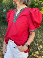 Load image into Gallery viewer, Holiday Plaid Trim V Neck Top
