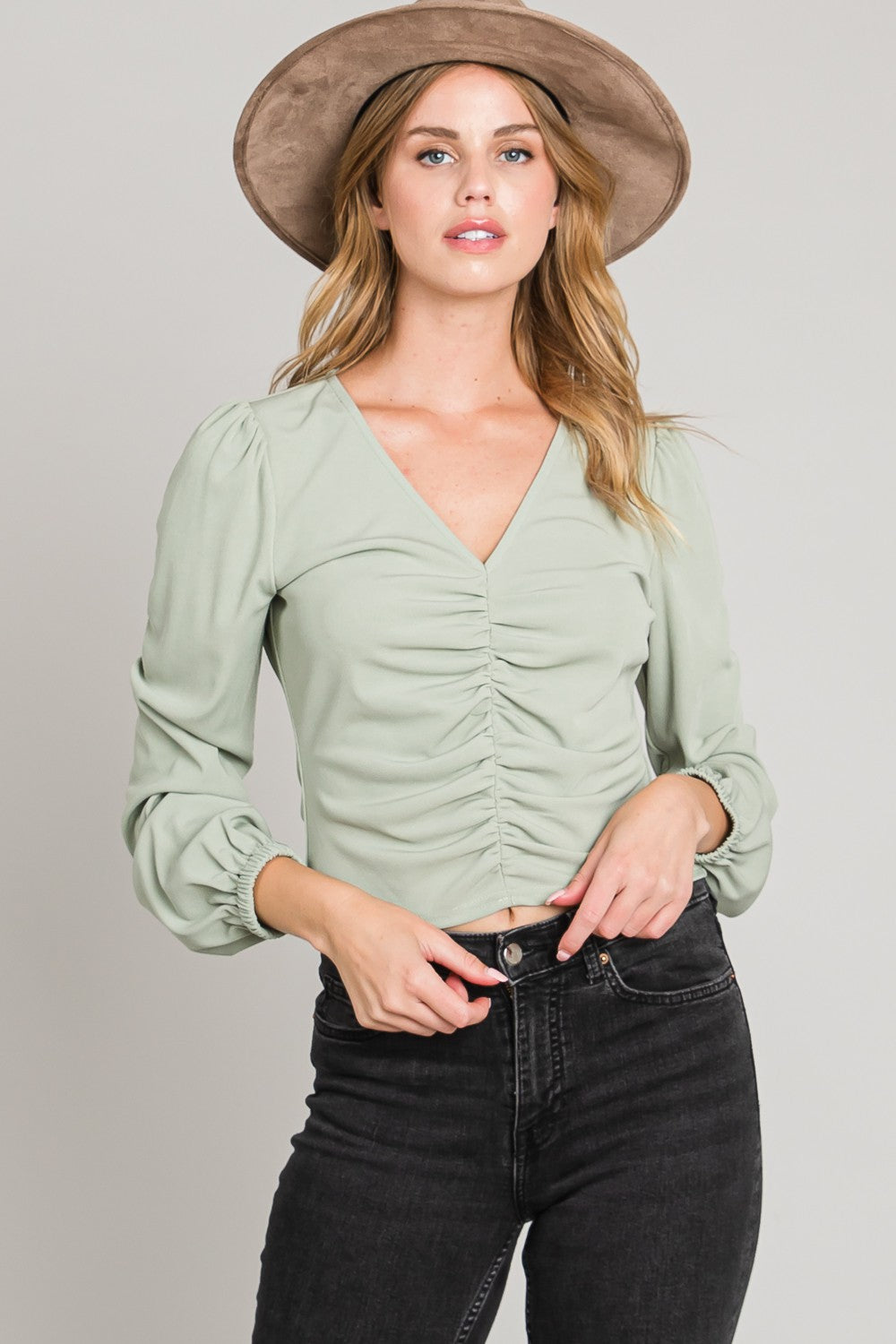 Long Sleeve Center Ruched Micro-Rib Knit Top