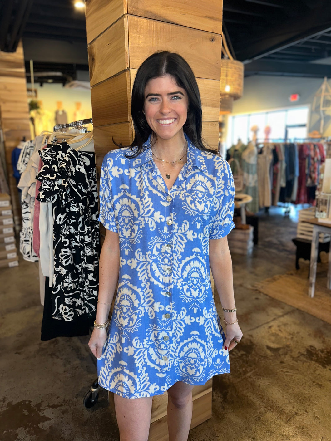 Short Sleeve Print Button Up Dress