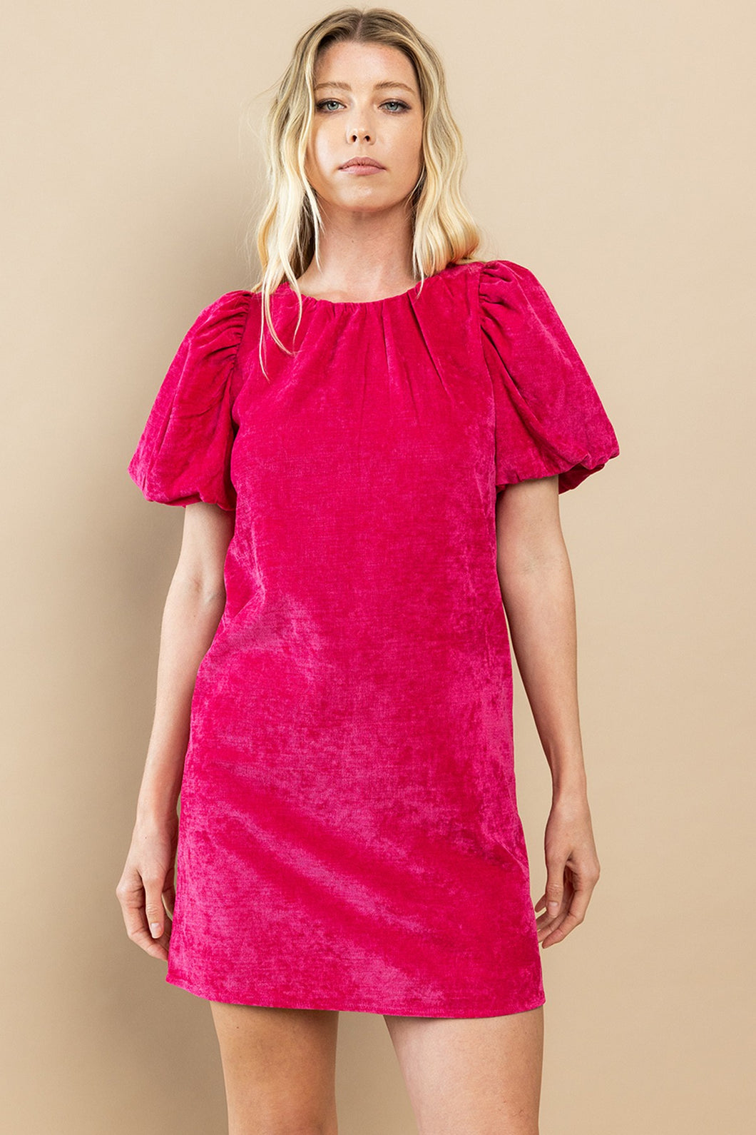 Fuchsia Corduroy Puff Sleeve Shift Dress