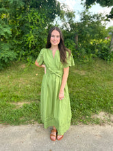 Load image into Gallery viewer, Green Embroidery Eyelet Belted Midi Dress
