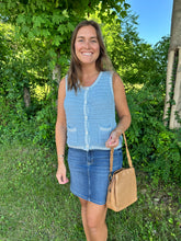 Load image into Gallery viewer, Light Blue Sleeveless Button Down Tweed Sweater Top
