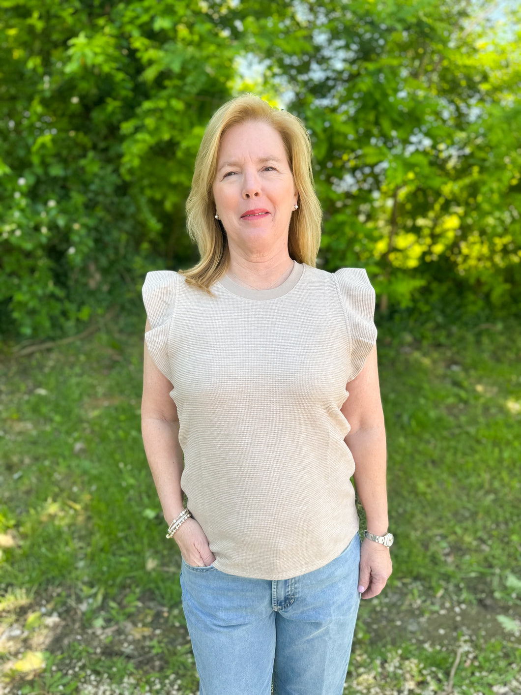 Ruffle Sleeve Waffle Knit Top