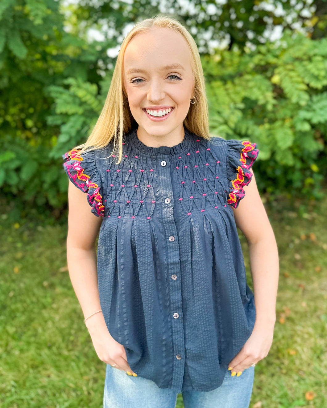 Navy Button Up Pleated Top